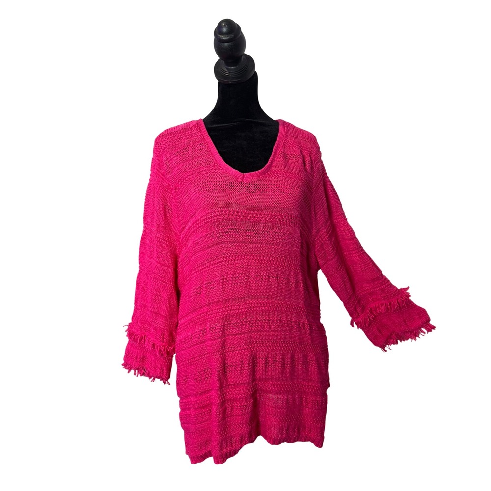 Chico's Fringe Cuff Knit Sweater Womens XL Metallic Pink 3/4 Sleeve Textured